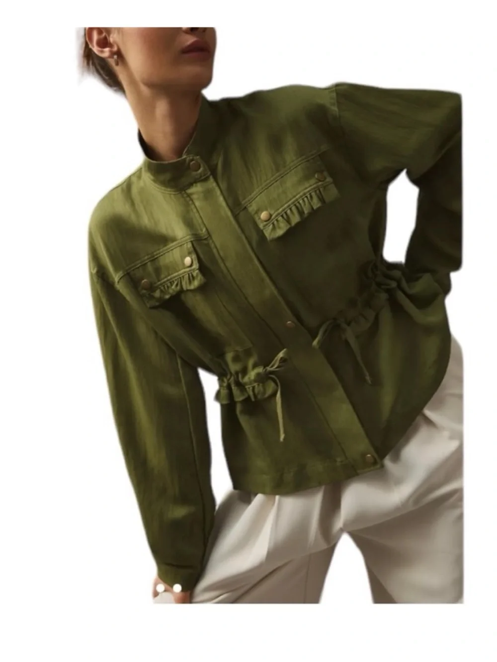 Anthropologie Olive Green Utility Jacket with Ruffle Trim size XL